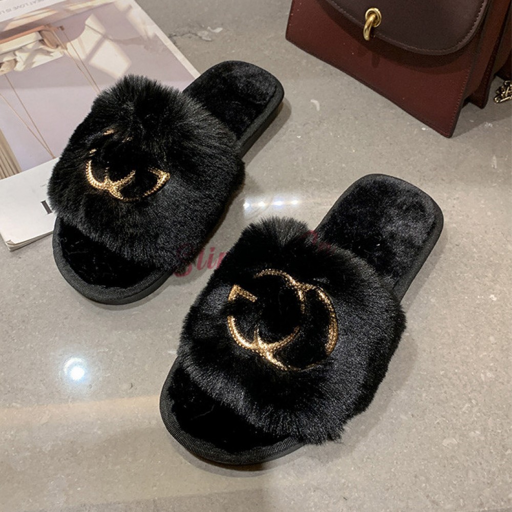 black fuzzy sandals