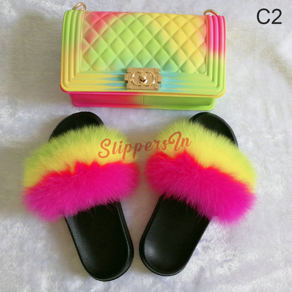 rainbow fluffy sandals