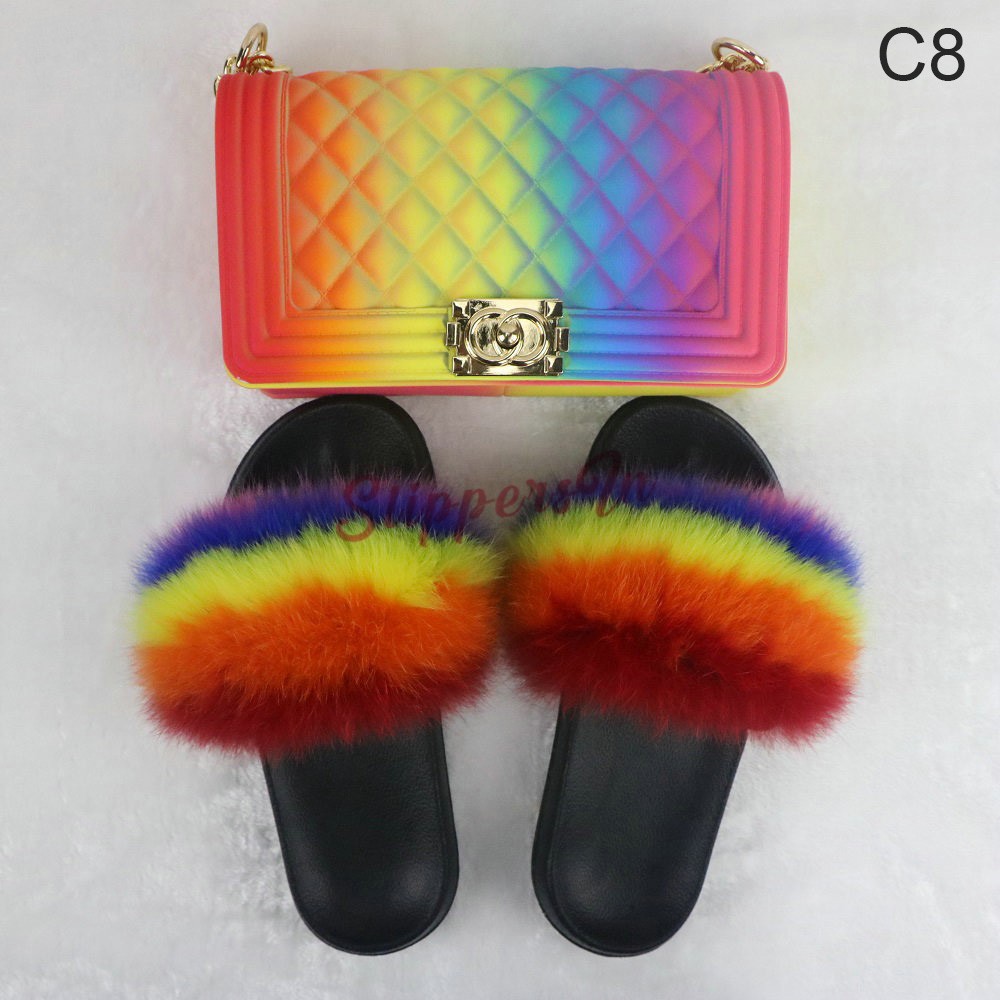 Rainbow Fox Fur Slides with Matching 