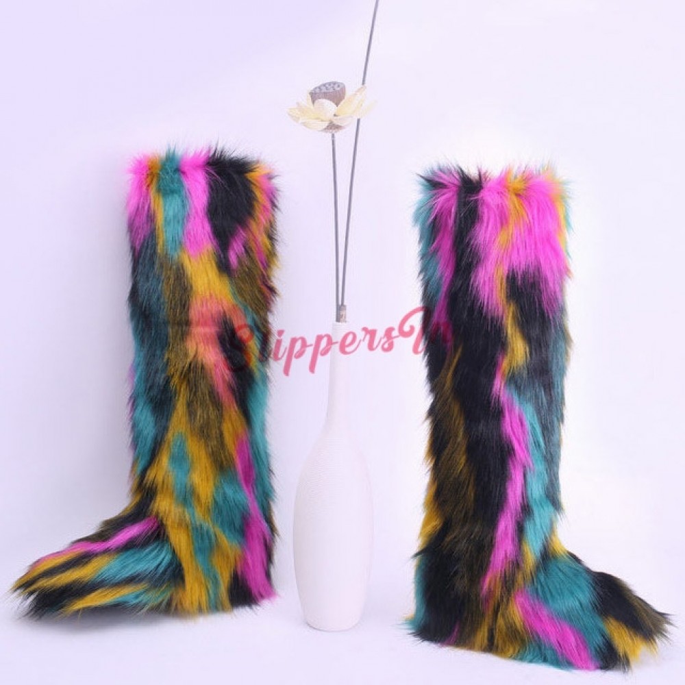 Faux Fox Fur Boots Rainbow Furry Over 