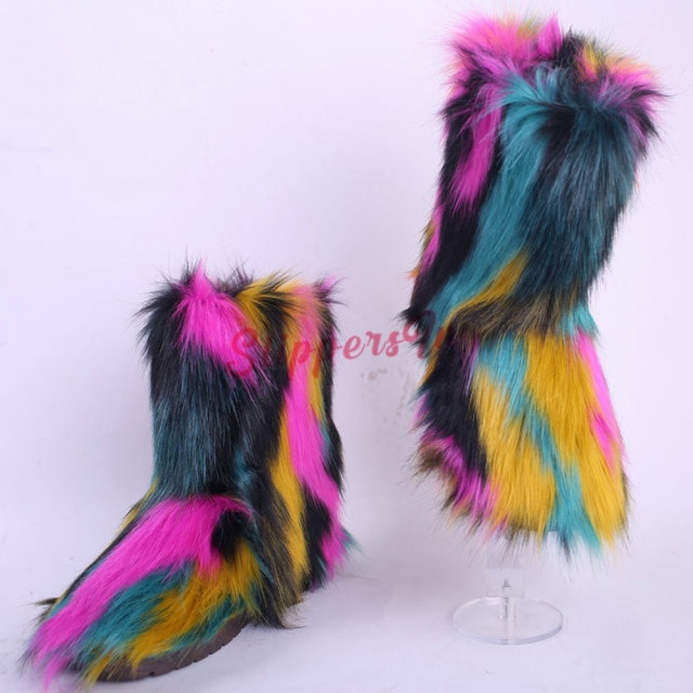 Fluffy Rainbow Faux Fur Boots Set with 