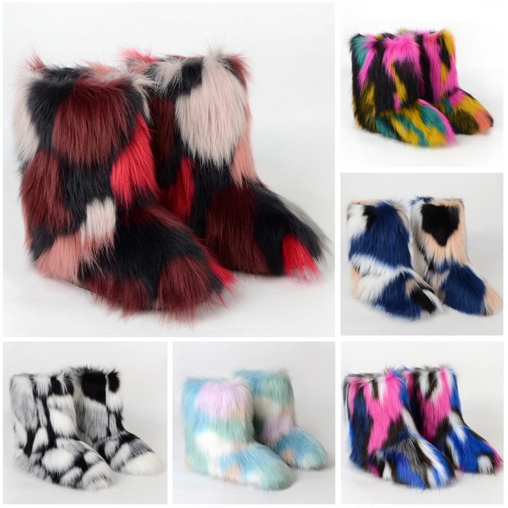 Fluffy All Fur Boots Mixed Color Winter Short Furry Booties