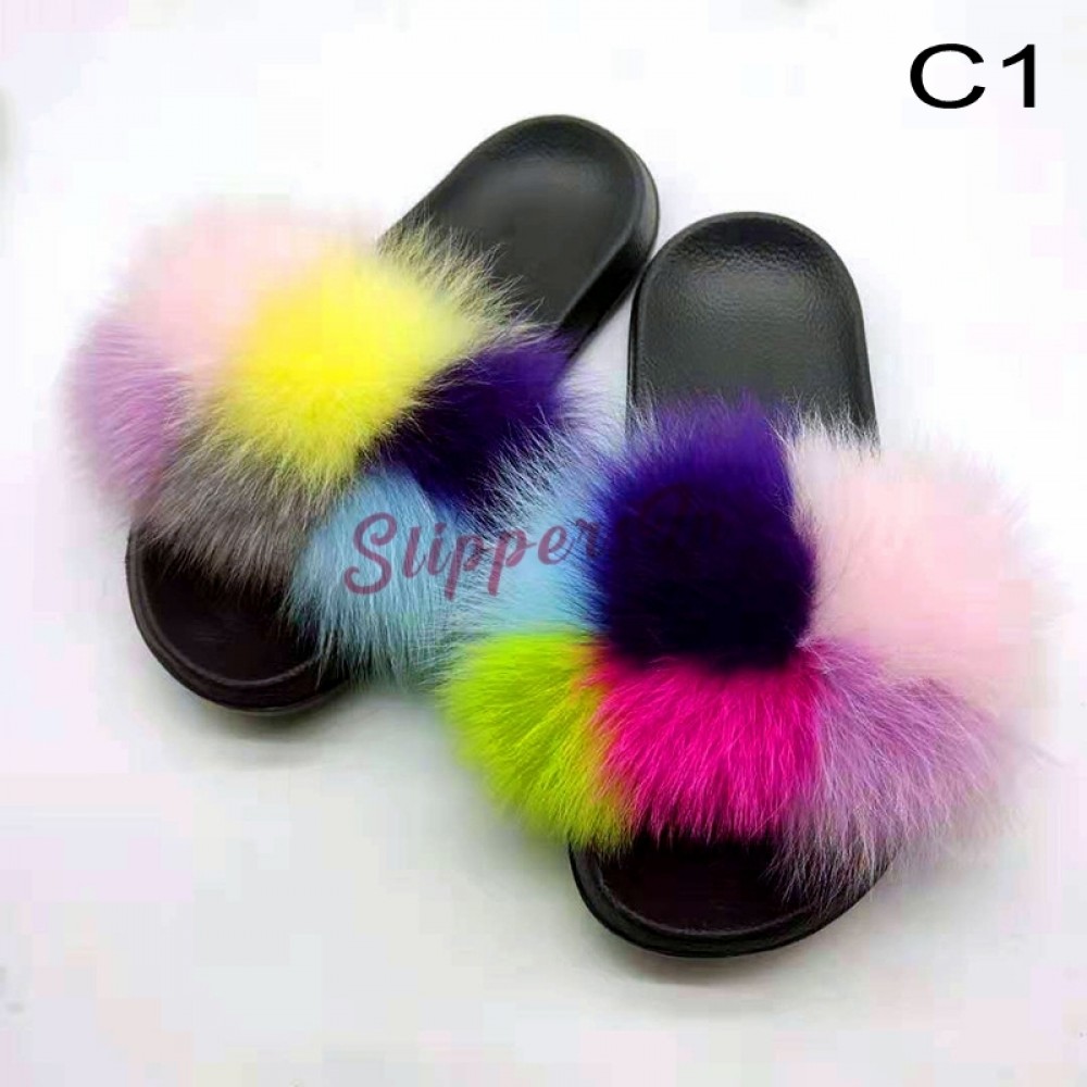 Rainbow Fur Slides Women's Summer Furry 