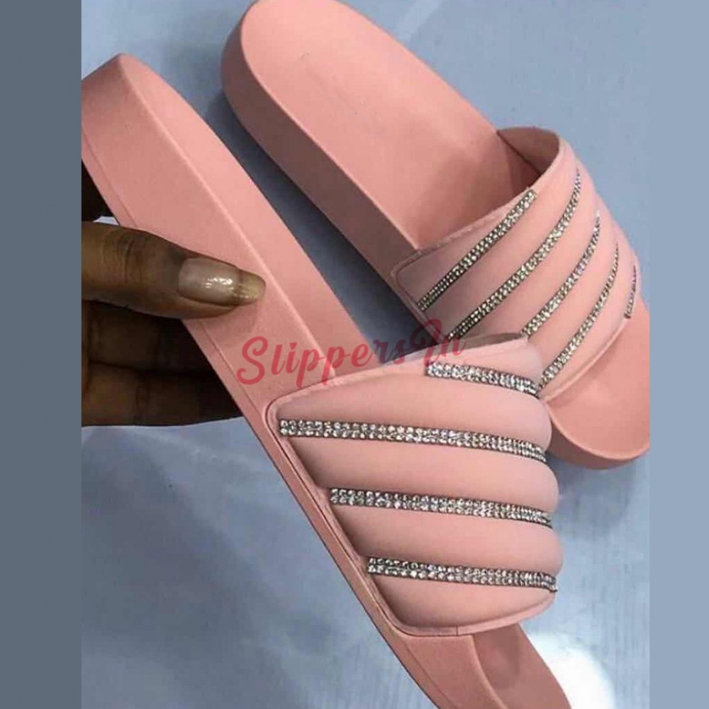 Cute Puffy Slide Sandals Women's Rhinestone Pink Slides