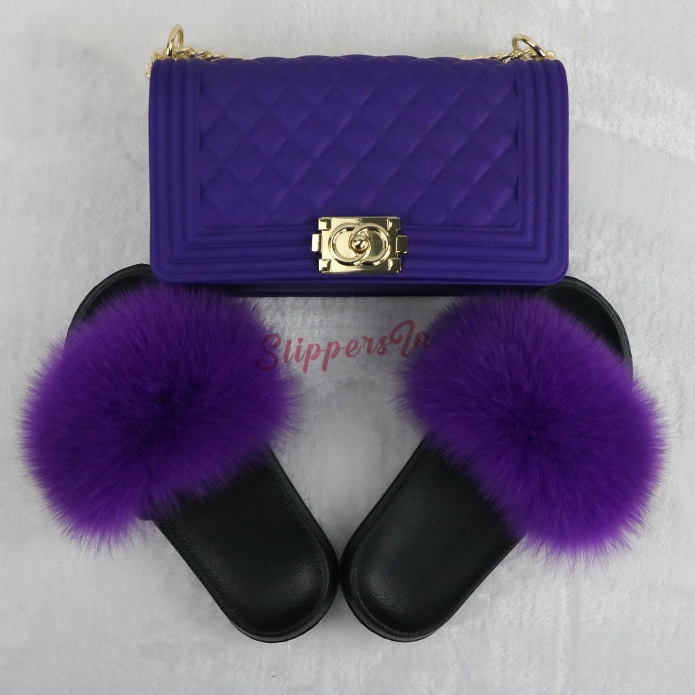 fur slides and matching purse