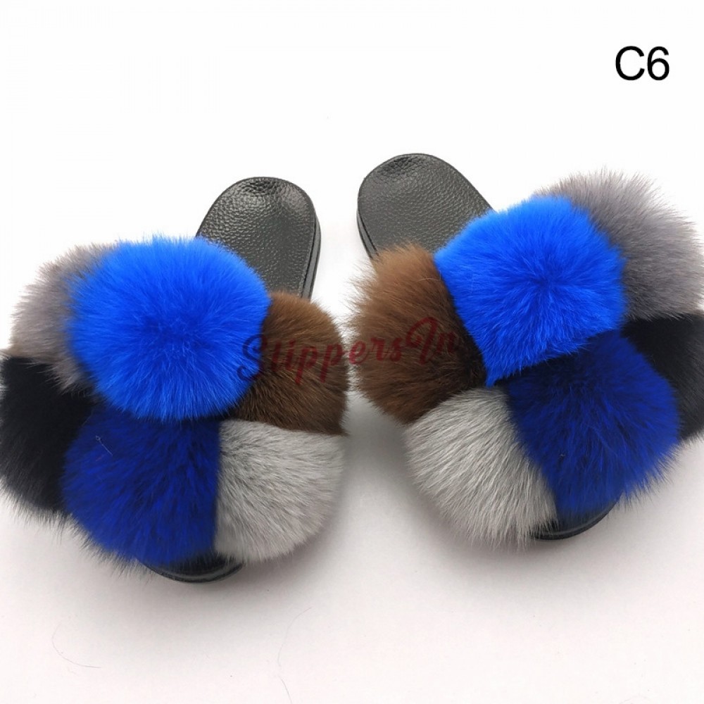 Cute Pom Pom Furry Slides Color-blocked 