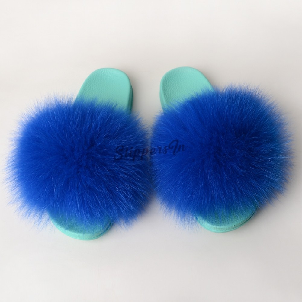 Fluffy Fur Sandals For Ladies Fashion Mint Green Slides Slippers