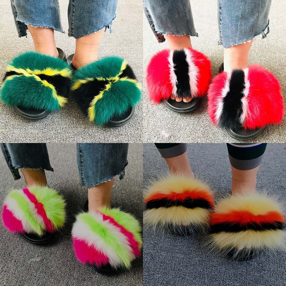 Jamaican Color Big Fur Slides Colorful Furry Slides
