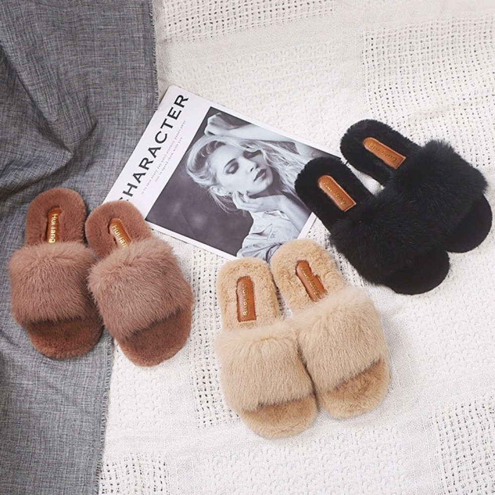 Womens Fuzzy Rabbit Fur Slippers Fashion Ladies Open Toe Sandals