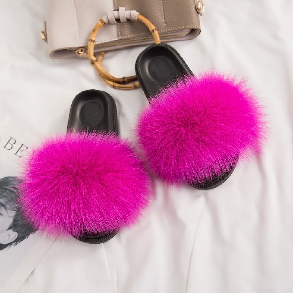 neon pink fur slides