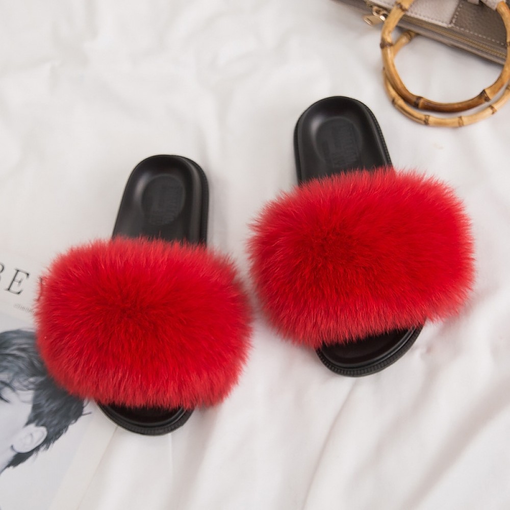 Cute Fox Fur Slides for Girls Pink Kids 