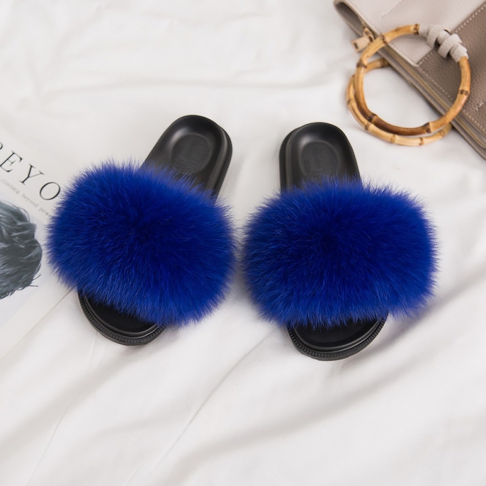 navy blue fur slides