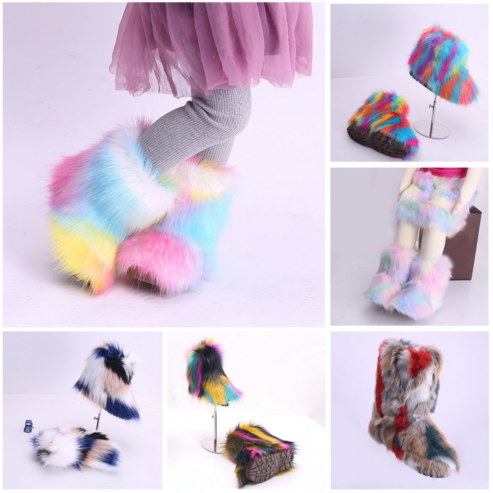 Faux Fur Girl's Boots Rainbow Color 