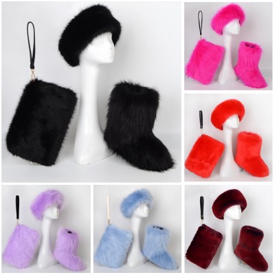 Women's faux fur boots headband bag set- Slippersin.com
